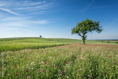 Vast green field with flowers and lone tree