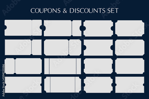 Set of blank coupons vector template with different shapes, isolated on background. Gift voucher or ticket mockup set illustration. . Vector illustration