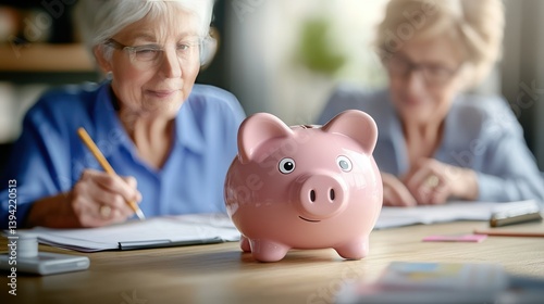 Financial Legacy: Two elderly women analyze finances, focusing on a pink piggy bank symbolizing savings and financial planning for a secure future.