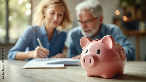 Financial Planning: A couple examines financial documents with a piggy bank in the foreground, representing future retirement security and prudent savings planning.