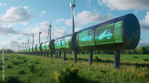 of wind turbines in a green field with a digital display showing energy output statistics 