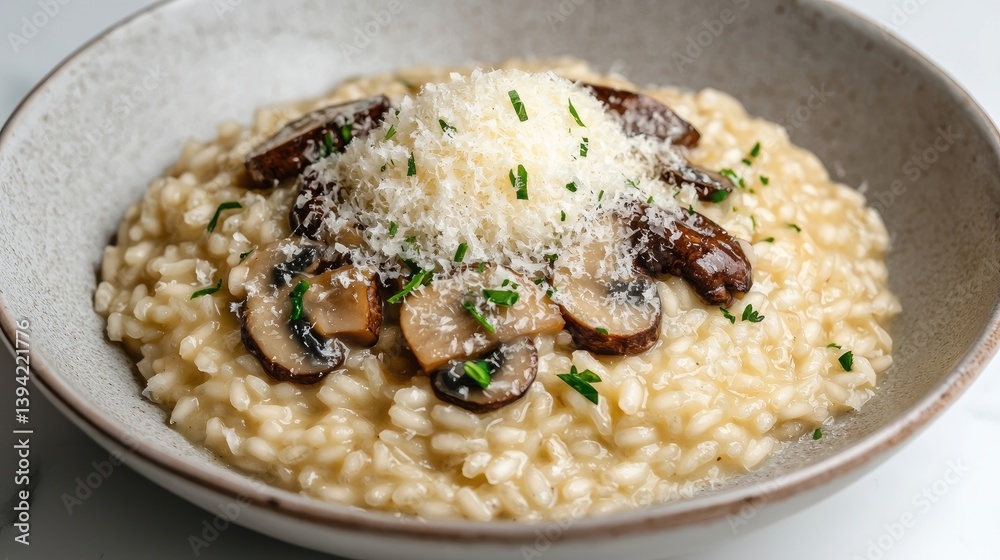 Creamy mushroom risotto topped with parmesan cheese Creamy mushroom risotto topped with parmesan cheese