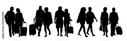 Silhouettes of couple people standing, walking with suitcase, luggage, bags. Summer Vacation and travel concept. Flat vector illustrations isolated on transparent background