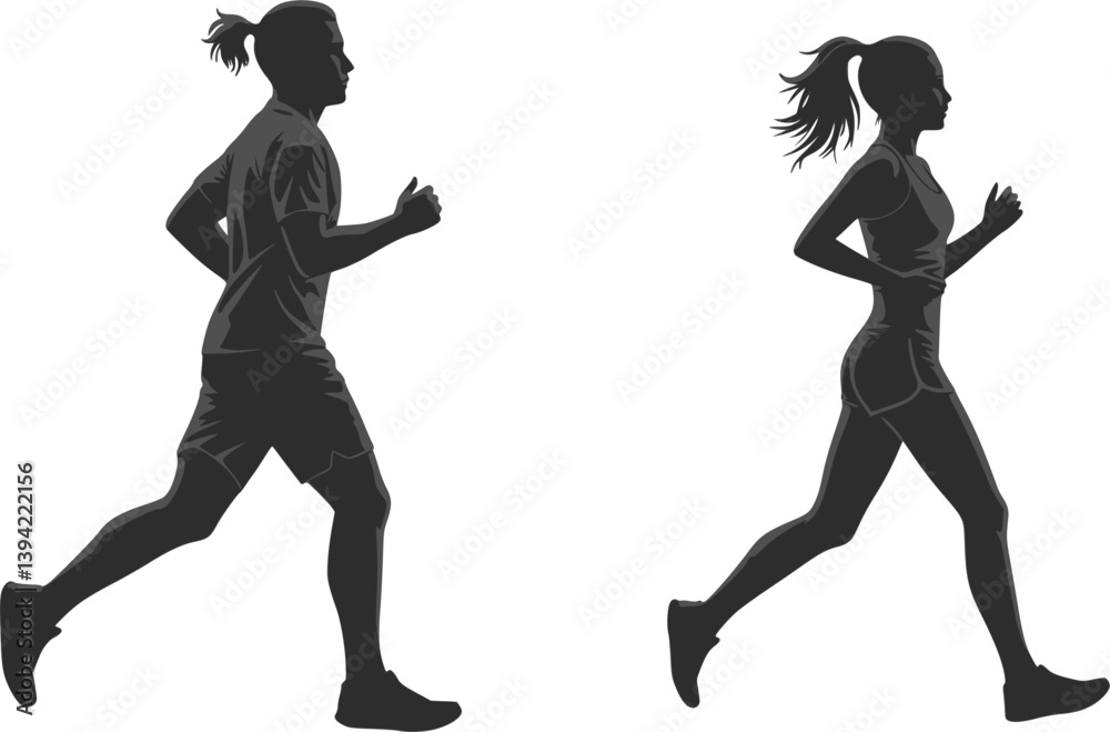 Obraz premium Running man and woman, isolated vector silhouettes. Run, side view. Silhouettes of athletic looking male and female runners running. EPS 10 version.