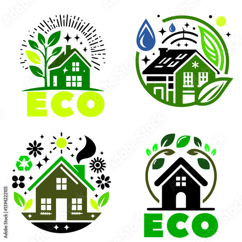 4 vector illustrations compilation of eco friendly house logo on white background energy efficient home domicile, habitat 