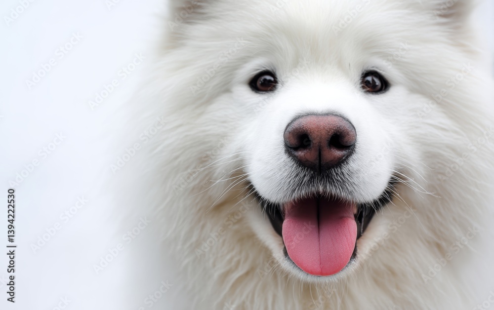 A close-up portrait of a fluffy samoyed dog smiling, pure white background A close-up portrait of a fluffy samoyed dog smiling, pure white background