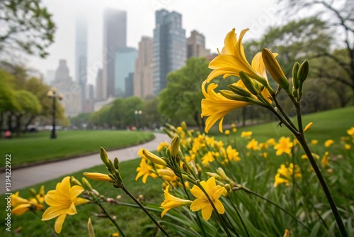 Yellow flowers blooming urban park