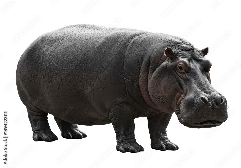 Realistic hippo standing on a plain background, showcasing its massive body and features Realistic hippo standing on a plain background, showcasing its massive body and features