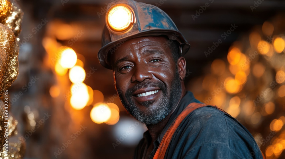 Fototapeta premium Gold Miner with Confidence: A close-up view of a focused miner, illuminated by his headlamp, standing within a gold mine. This image showcases resilience, determination.