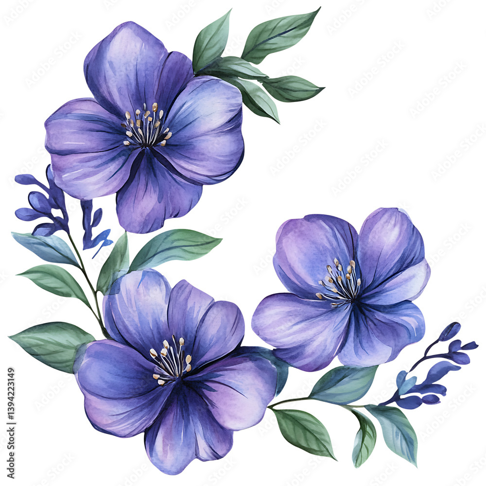 Three vibrant purple flowers arranged in a curved composition with green leaves and buds, painted in elegant watercolor style resembling a decorative floral wreath