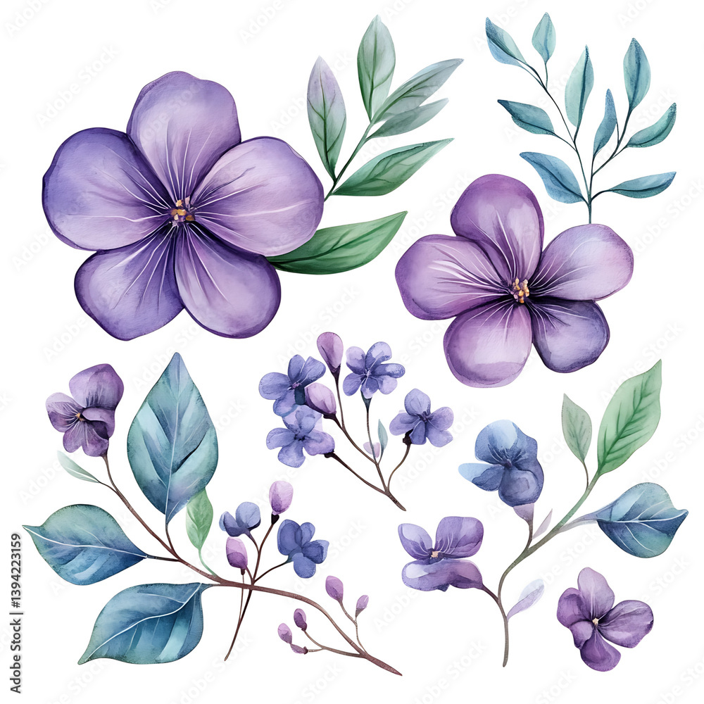 Three vibrant purple flowers arranged in a curved composition with green leaves and buds, painted in elegant watercolor style resembling a decorative floral wreath