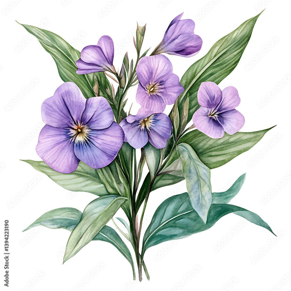 Three vibrant purple flowers arranged in a curved composition with green leaves and buds, painted in elegant watercolor style resembling a decorative floral wreath