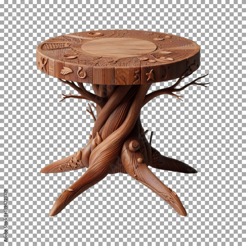A wooden podium carved from a single, magnificent tree, Contemporary Wooden Stage for Exhibits on transparent background, png, psd
