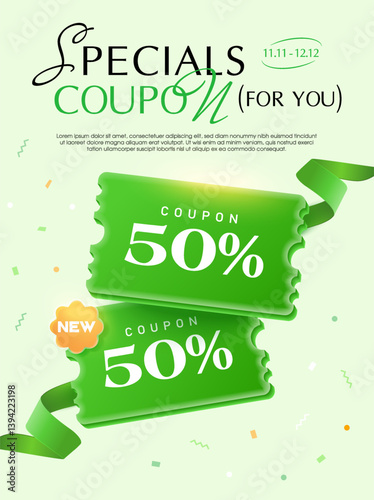 Flying 3d green minimal coupons with ribbons, confetti, percent price off, isolated on gradient background as a banner template. Discount voucher poster for promotion campaign. 3d vector coupon