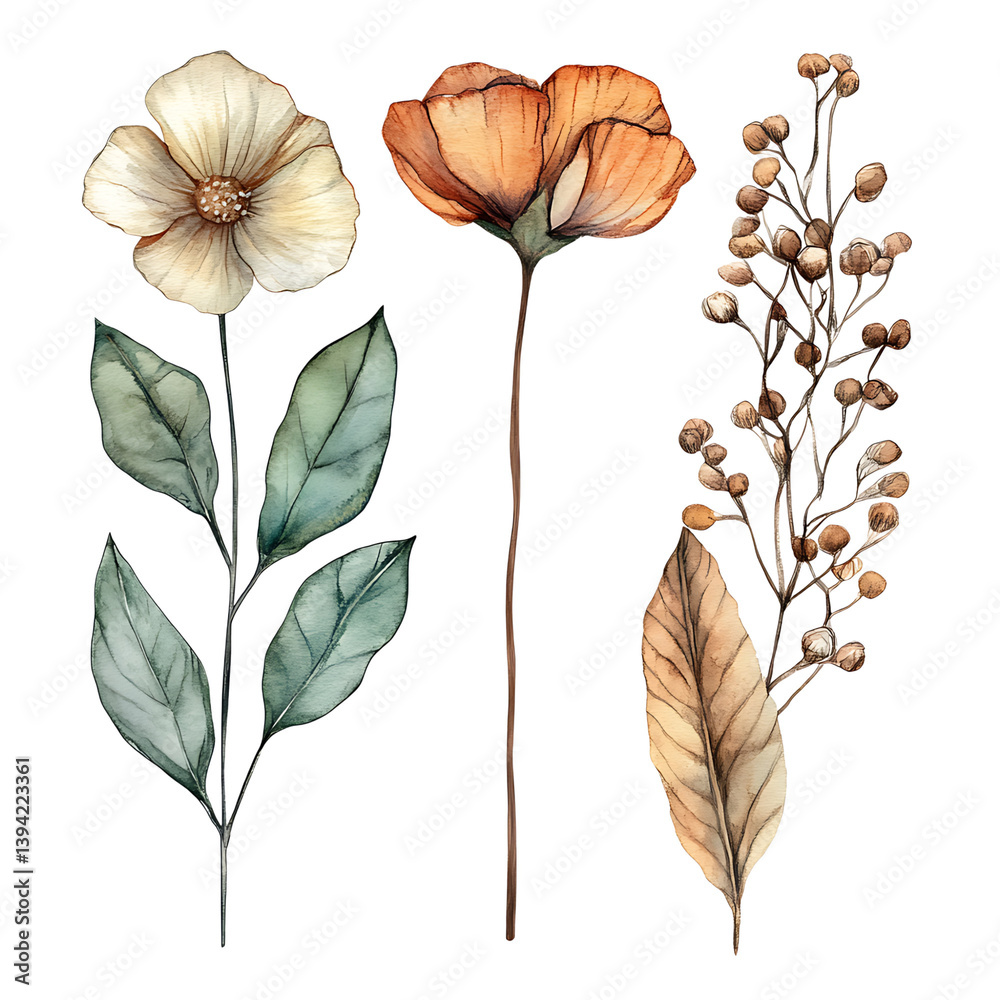 A bouquet of soft yellow and beige wildflowers with slender green and brown stems and leaves, painted in a delicate and earthy watercolor style on black background