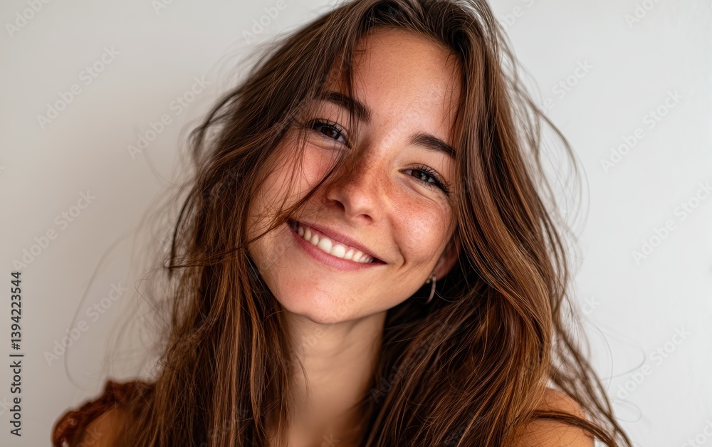 Fototapeta premium A close-up portrait of a smiling young woman with long brown hair, pure white background