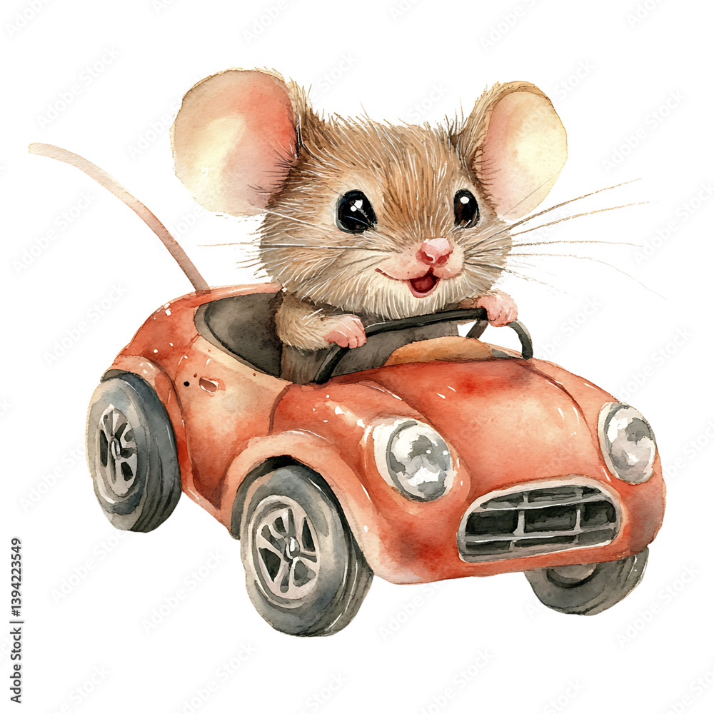 A cute anthropomorphic mouse with large ears and a happy expression is driving a small blue toy car, all rendered in a soft watercolor style against a black background