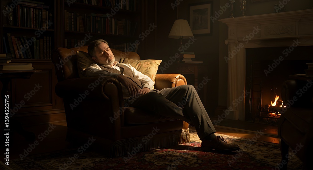 Gentleman's Rest by the Fireplace: A Moment of Tranquility in a Luxurious Library Gentleman's Rest by the Fireplace: A Moment of Tranquility in a Luxurious Library
