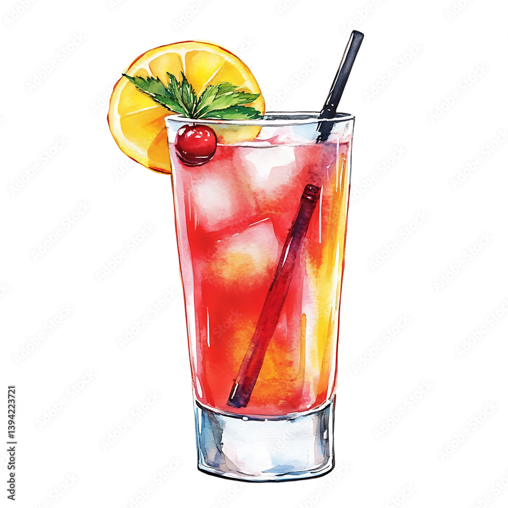 A tall glass of red cocktail with crushed ice, lemon slice, two straws, mint leaves, and cherries painted in watercolor style, set on a black background