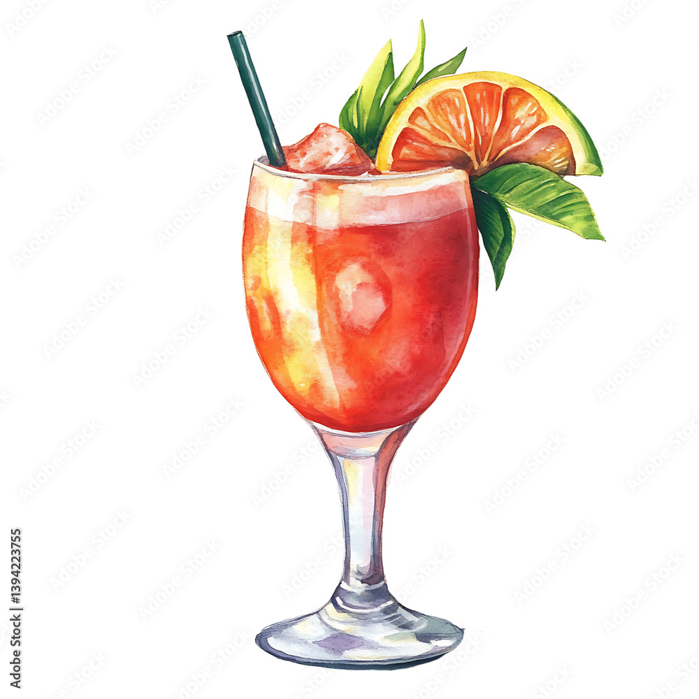 A tall glass of red cocktail with crushed ice, lemon slice, two straws, mint leaves, and cherries painted in watercolor style, set on a black background