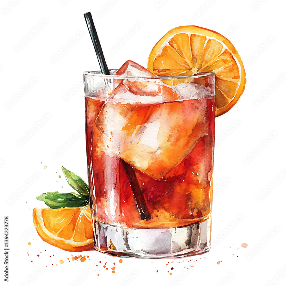 A tall glass of red cocktail with crushed ice, lemon slice, two straws, mint leaves, and cherries painted in watercolor style, set on a black background