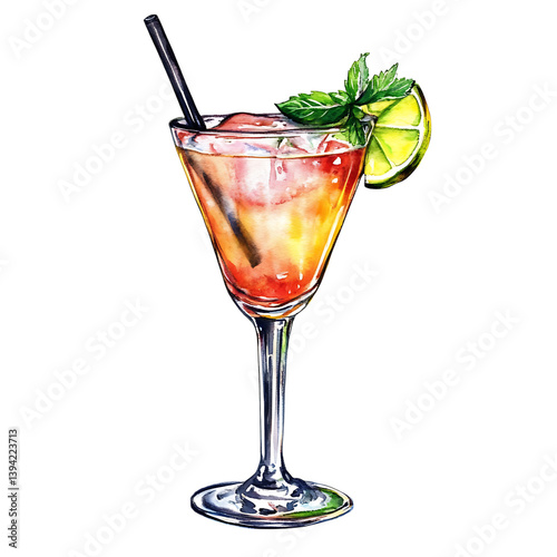 Obraz na płótnie A tall glass of red cocktail with crushed ice, lemon slice, two straws, mint leaves, and cherries painted in watercolor style, set on a black background w salonie