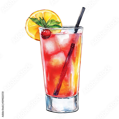 Obraz na płótnie A tall glass of red cocktail with crushed ice, lemon slice, two straws, mint leaves, and cherries painted in watercolor style, set on a black background w salonie