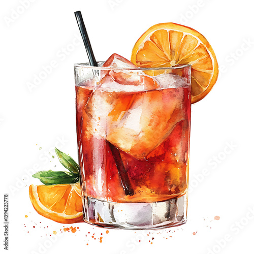 Obraz na płótnie A tall glass of red cocktail with crushed ice, lemon slice, two straws, mint leaves, and cherries painted in watercolor style, set on a black background w salonie