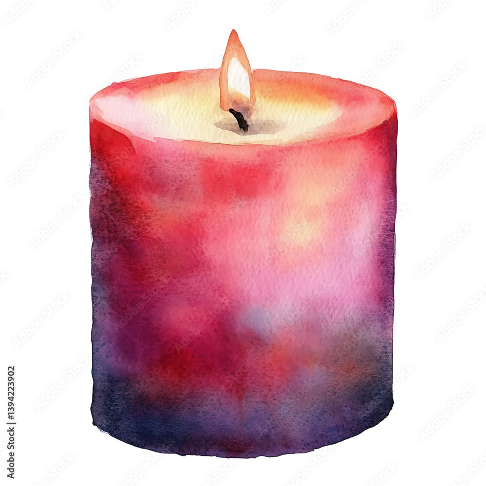 A rainbow-colored cylindrical candle illustrated in watercolor style, with a bright flame and soft wax drips melting over the top, set against a black background