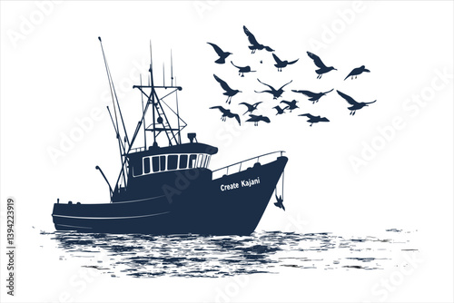 Fishing Boat and bird Silhouettes set