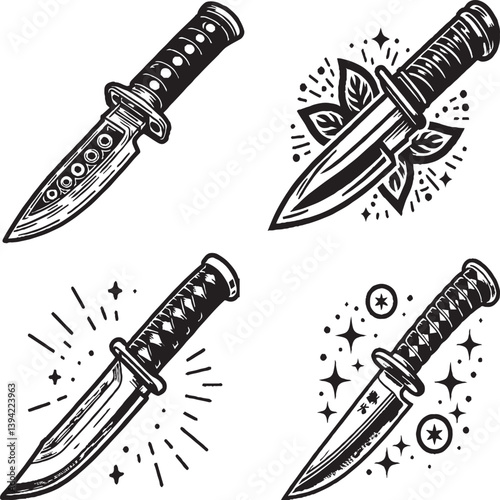 Sharp steel blades of knives and an antique sword, vector illustration