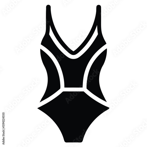Black Swimsuit Icon,Swimwear Silhouette Design With White Deta.ils Summer Fashion Illustration.