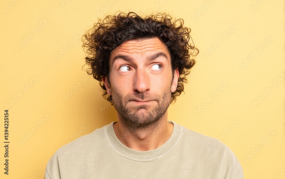 A man with skeptical look, raised eyebrow, pastel yellow background A man with skeptical look, raised eyebrow, pastel yellow background