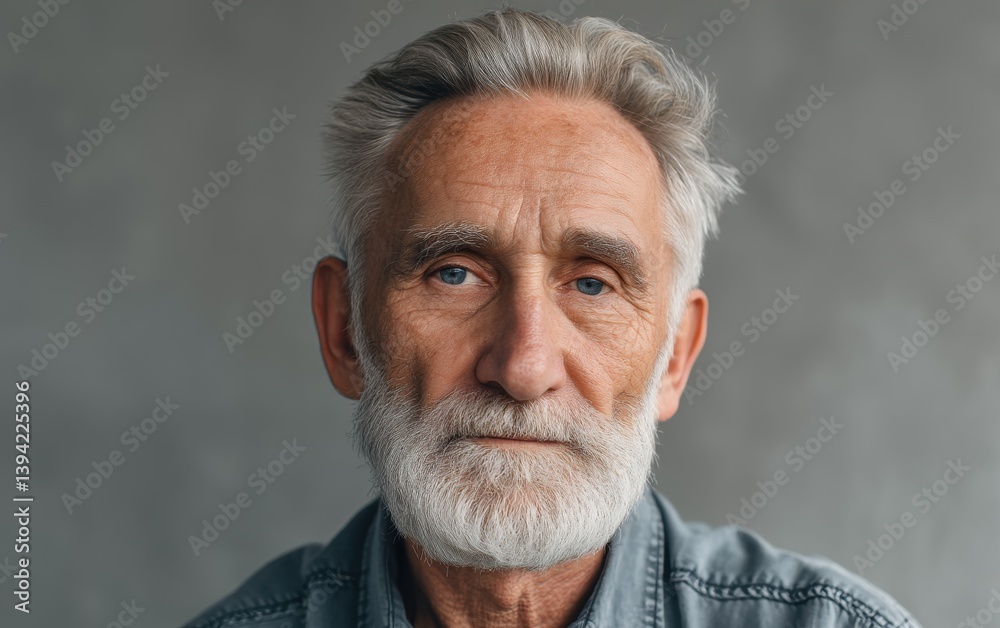 A serious older man with calm thoughtful eyes, pastel gray background A serious older man with calm thoughtful eyes, pastel gray background