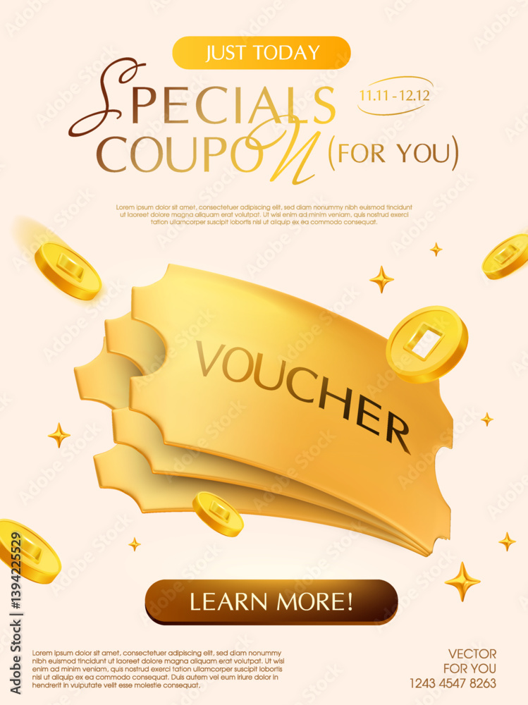 3d stack of golden vouchers with coins flying around, isolated on background. Premium coupon code for black Friday, special promotion. 3d vector voucher banner template. Vector illustration