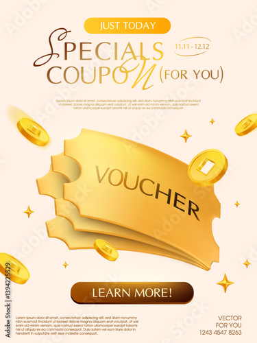 3d stack of golden vouchers with coins flying around, isolated on background. Premium coupon code for black Friday, special promotion. 3d vector voucher banner template. Vector illustration