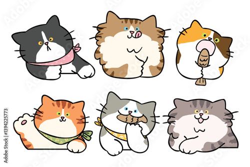 Vector Illustration of Cute Cartoon Cat Characters on Isolated Background. Hand Drawn Vector Illustration.