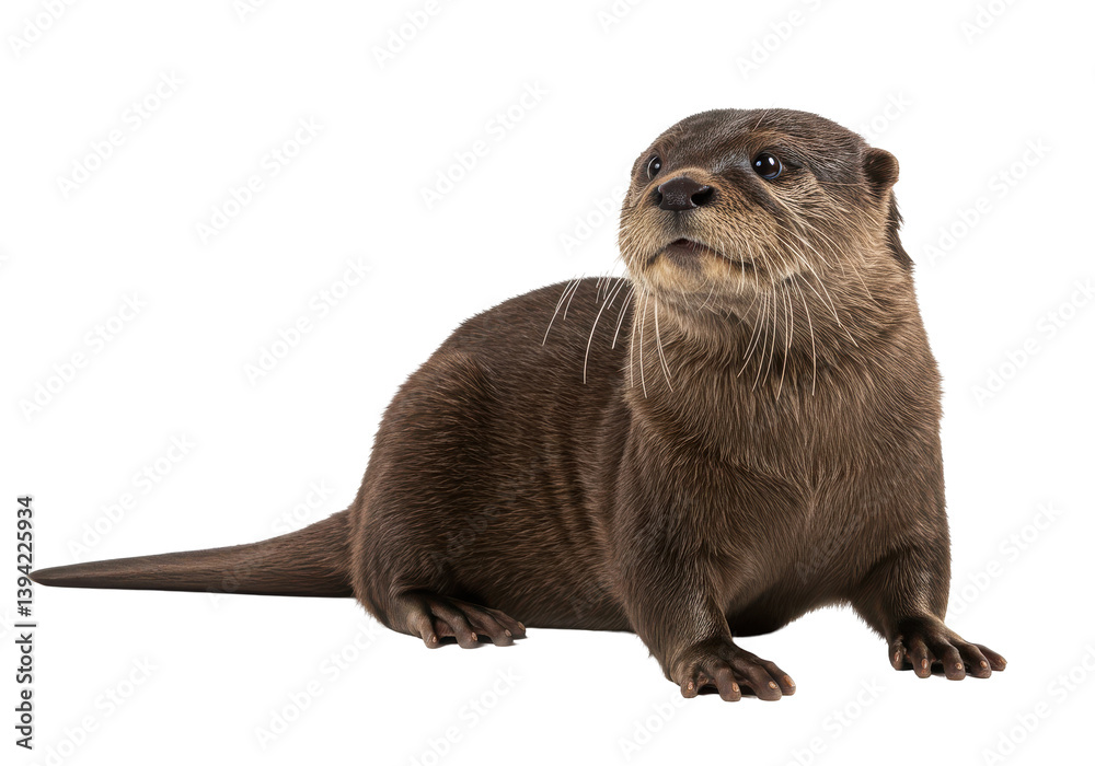 Playful otter posing on a white background, showcasing its curious expression and sleek fur Playful otter posing on a white background, showcasing its curious expression and sleek fur