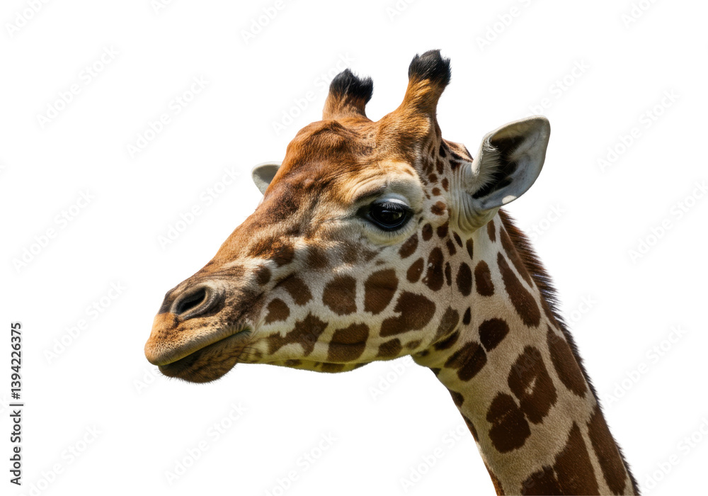 A close-up shot of a giraffe�s face, revealing its distinct markings and facial features A close-up shot of a giraffe�s face, revealing its distinct markings and facial features