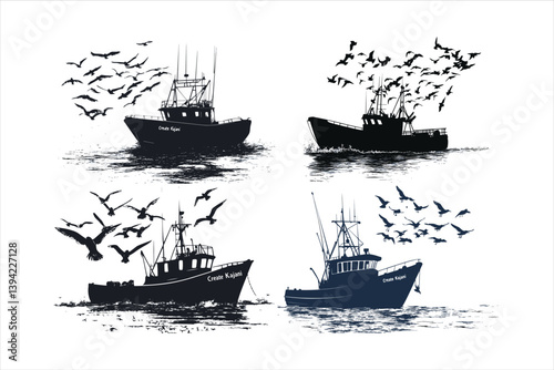 Fishing Boat and bird Silhouettes set