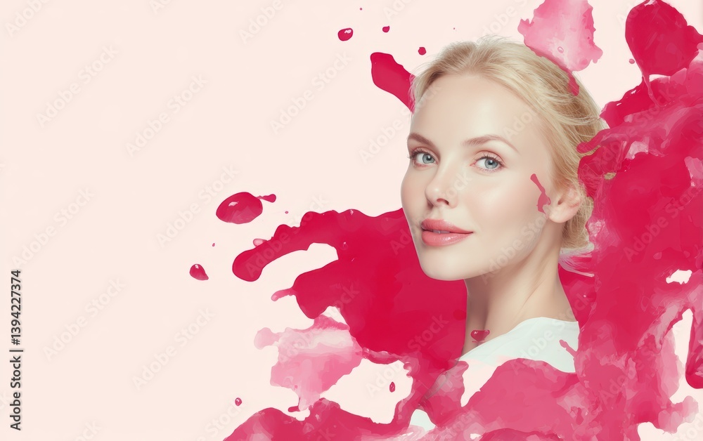 Fototapeta premium A blonde woman with soft makeup, clean vector backdrop with bright pink fluid splash
