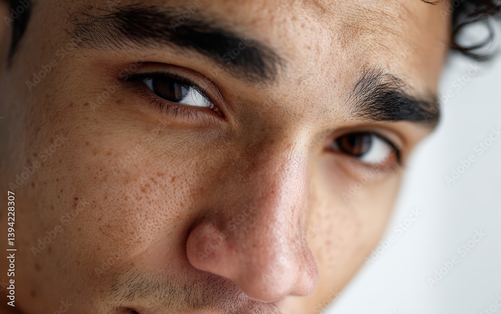 Obraz premium A close-up portrait of a confident young man with dark eyebrows and sharp jawline, pure white background