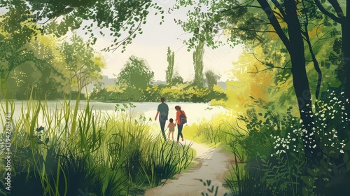 A family walking along a path in a nature reserve.