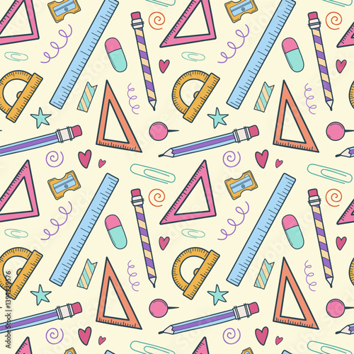 School seamless pattern. School supplies, ruler, pencil, sharpener. Back to school stationery doodles vector illustration.