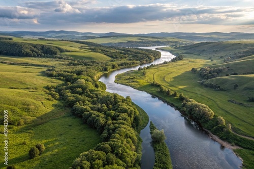 Serene river lush green landscapes aerial view