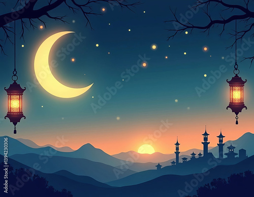 Beautiful nighttime silhouette of a mosque with a crescent moon and lanterns hanging in the starry sky over mountains