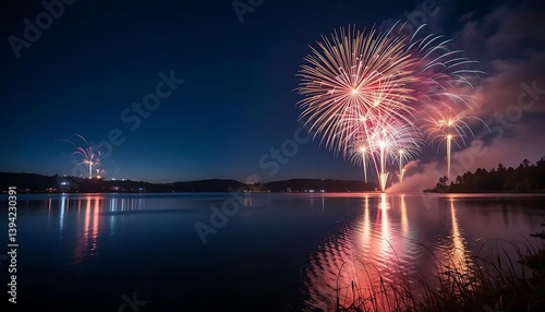 Fototapeta Naklejka Na Ścianę i Meble -  Fireworks display over a lake at night, reflecting vibrant colors