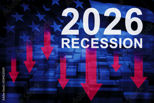 2026 Economic Recession in the United States – Financial Decline with Red Down Arrows and Shipping Containers photo