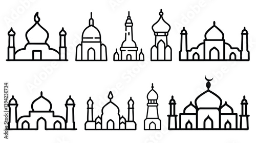 Beautiful Islamic Mosque Icons and Symbols, mosque illustration line art