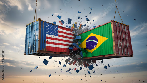 USA and Brazil Trade Conflict - Colliding Cargo Containers with National Flags